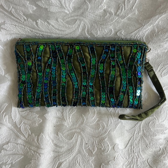 Teal sequence evening clutch abstract gold circles and wavy green blue stripes - Picture 5 of 8